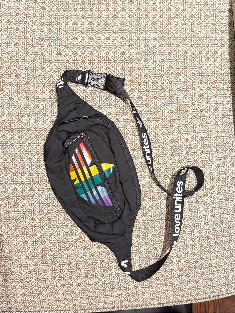 Black Adidas Waist Pack with Rainbow Logo: Love Unites